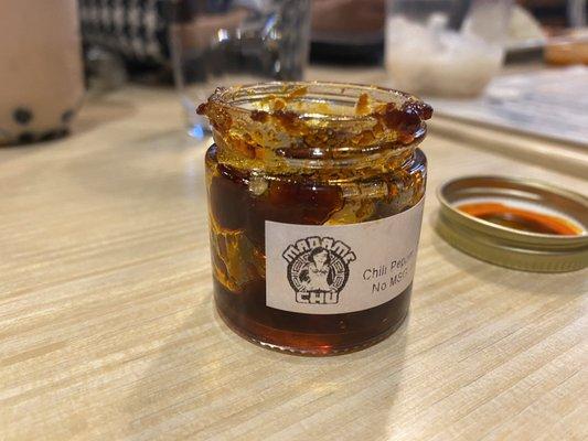 Madame Chu Sambal sauce - brought along to eat with Chicken rice. See https://www.madame-chu.com/product-page/madame-chu-sambal-nyonya