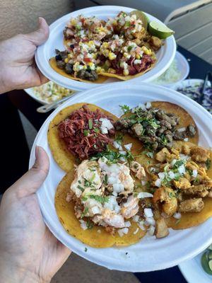 Tacos: pork tocino, carne asada, grilled salmon, and mojo pollo