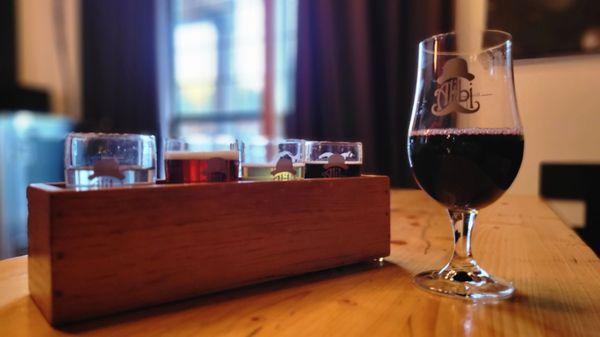 Beer flight and hot mulled wine.