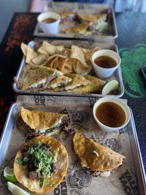 Birria Tacos, Quesa Birria with Chips & Carne Asada Taco