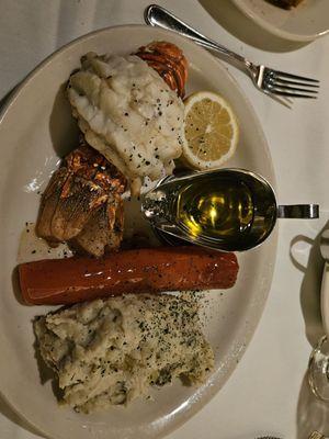 Lobster tail with glazed carrot and mashed potatoes