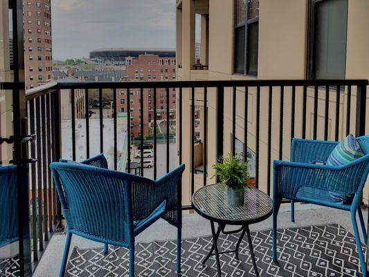 Balcony staged to enhance view and sell location