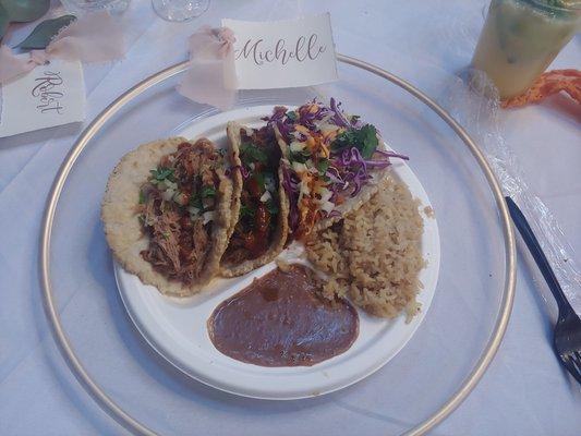 Birria, barbacoa, smoked fish tacos with rice and beans