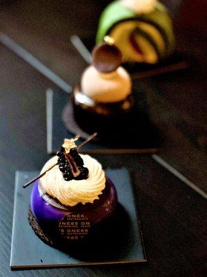 Blackberry Earl Grey Mousse, Matcha Roulade, and their Chocolate Fleur de sel Mousse