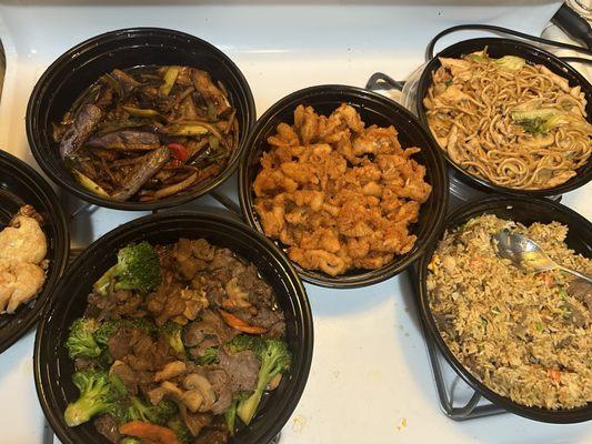 Spicy Eggplant with Spicy Garlic Sauce, Chicken Lo Mein, beef fried rice, honey was, Broccoli Beef, Orange Peel Flavor Chicken