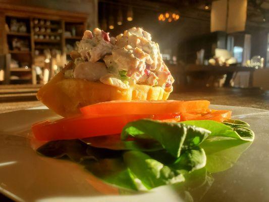 New Chicken Salad served in a fried Flour Tortilla Bowl with Tomatoes and Spinach on the side is the perfect light lunch meal.