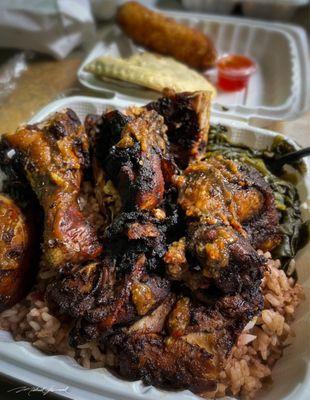 Jerk Chicken, Rice and Peas, Spinach, Patties, Oxtail Egg Rolls