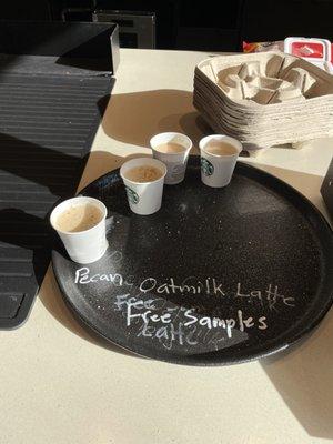 Free samples: Pecan Oatmilk Latte. Fall 2024