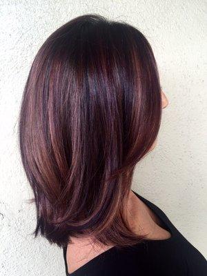 Hair by Renee. Beautiful vronde' (violet blonde with mahogany base) soft low layer lob.