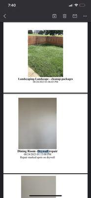 Pictures provided by the company. Drywall repair is only peeled paint and to mow a lawn doesn't cost $275.