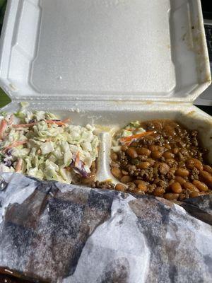 Rib plate with slaw and beans.