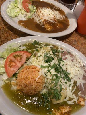 Cheese with gravy enchilada and a green shrimp enchilada. My favs!