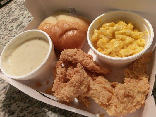 Three piece tender with macaroni n cheese and gravy. The biscuit is for sopping if used correctly.