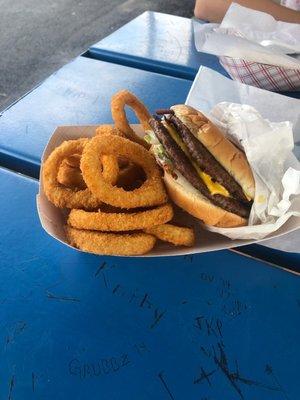 Double bacon cheeseburger with onion rings