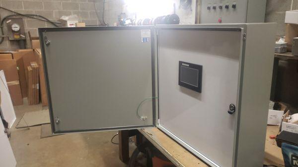 Weatherproof control box with PLC and HMI touch screen