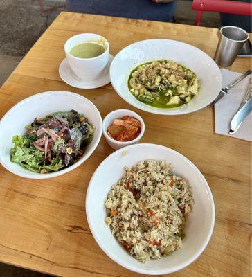 Crab fried rice, kimchi, broccoli cheddar soup,  salad, ricotta pasta with pesto herb sauce