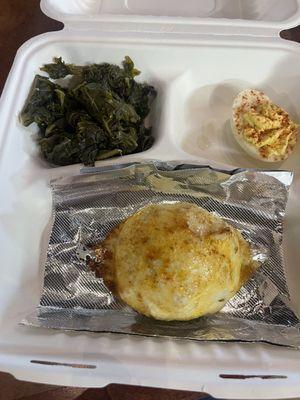 Kale, crab cakes, and deviled eggs.