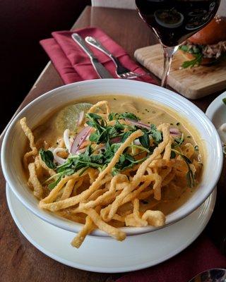 Khao Soi Soup!  Burmese curry noodle soup with chicken & fried won ton noodles