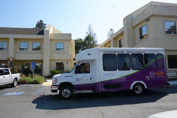 A PACE bus parked in front of the PACE Concord Center.