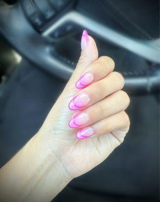 Pink ombré almond shaped french-tip, done by Cassie