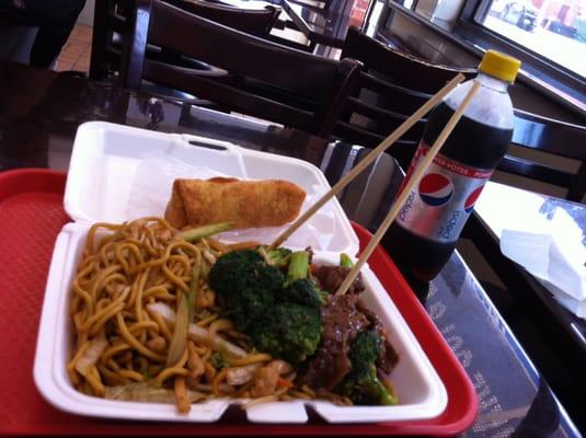 Beef & Broccoli w/ Chicken Lo Mein and an egg roll - nom!