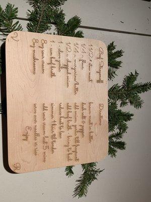 Maple wood cutting board with custom recipe engraved