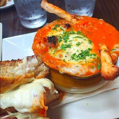 Pizza Soup- Tomato bisque, crostini, broiled mozzarella, grana padano.