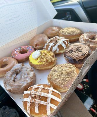 Several new Thanksgiving/Autumn themed donuts, plus some classics- original glazed, strawberry iced, & raspberry filled