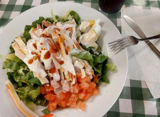 My salad. The red spots are from the hot sauce I added. The Blu-Cheese was a bit more watery than I am used to but flavorful.