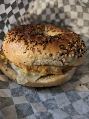 Chicken sausage, egg, and cheese on Everything bagel