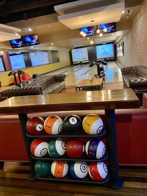 Awesome bowling balls that look like giant pool balls! Also pictured is the VIP area, lanes 9-12 are separated from the main are.