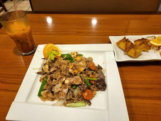 Combo Fried Rice, Krab Rangoon, and Thai Tea