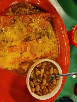 (1) Ground Beef Enchilada, (1) Cheese Enchilada and Frijoles