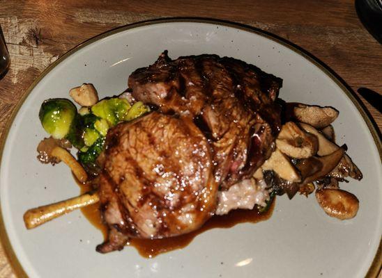 prime ribeye, red wine risotto, roasted mushrooms, brussel sprouts, bordelaise