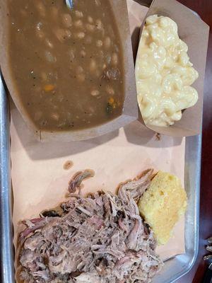 Pulled pork with baked beans and macaroni and cheese