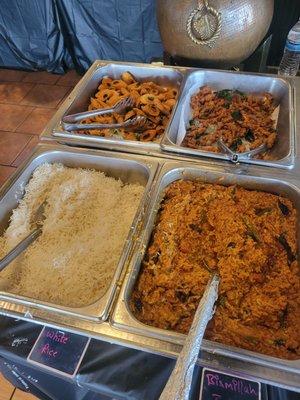 Rice, Daal, Onion Pakora, Green Pepper Pakora