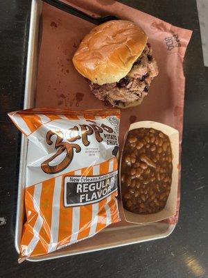 Brisket sandwich with baked beans