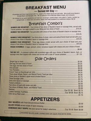 Breakfast menu ... ask about specials