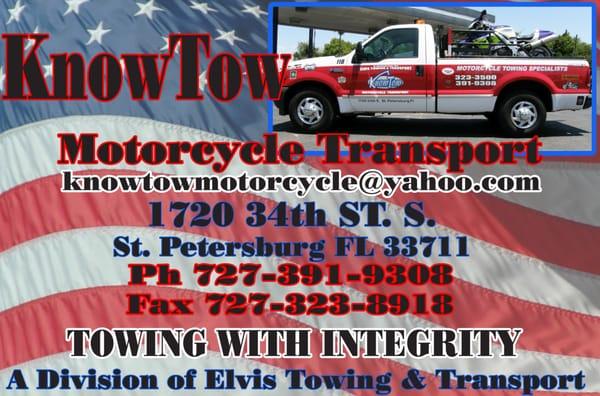 1st Specialized Motorcycle Towing & Transport Company in The Greater Tampa Bay Area. Experienced & Knowledgeable in Motorcycles.