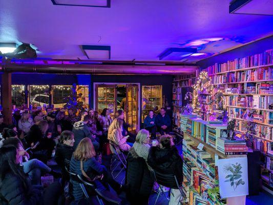 An audience sits awaiting the start of don't tell comedy at the shop. The comedians were really good! It's such a neat atmosphere.