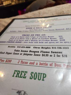 Menu offers free soup.