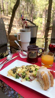 Radish and egg omelette with pesto and i believe it was smoked Gouda with a lemon raspberry Bundt cake. So delish!