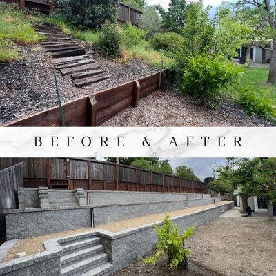 Replace wood retaining wall with concrete block and great drainage!