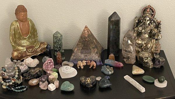 Selenite heart, pyrite skull, fluorite skulls and camels were my favorite loot