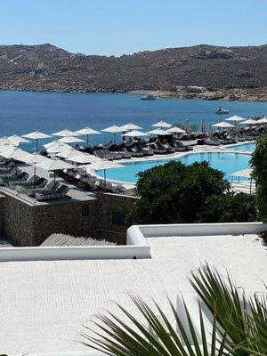 View from our hotel rooftop deck in Mykonos