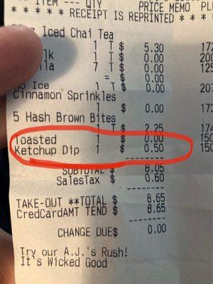 50 cent charge for three ketchup packets. Are you kidding me?