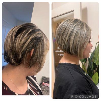 The picture on the left was the cut and color  that salon twelve five gave me, in the right 2 months my hair dresser finally fixed