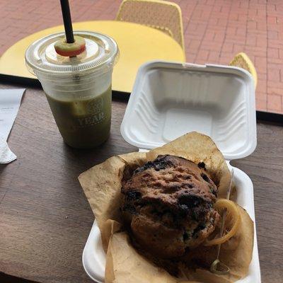 Float Trip (peach sport tea, lemongrass, matcha coconut foam) and Blueberry Lemon Muffin