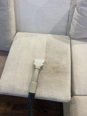 During upholstery cleaning