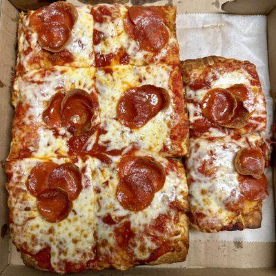 Sicilian-crust pizza with pepperoni